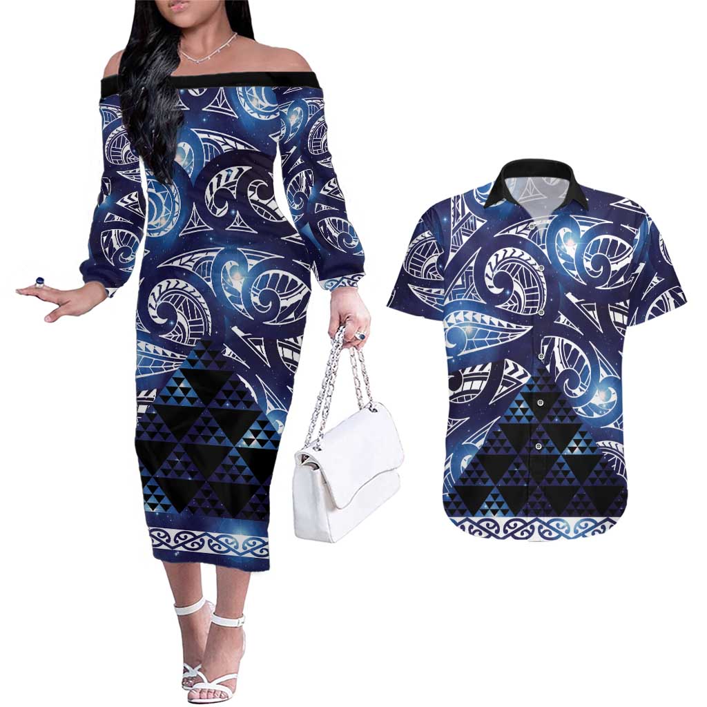 Matariki New Zealand Couples Matching Off The Shoulder Long Sleeve Dress and Hawaiian Shirt NZ Niho Taniwha Maori New Year Blue Galaxy LT14 Blue - Polynesian Pride