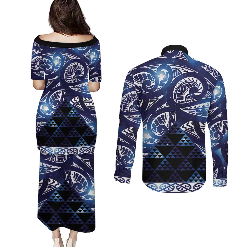 Matariki New Zealand Couples Matching Puletasi and Long Sleeve Button Shirt NZ Niho Taniwha Maori New Year Blue Galaxy LT14 - Polynesian Pride