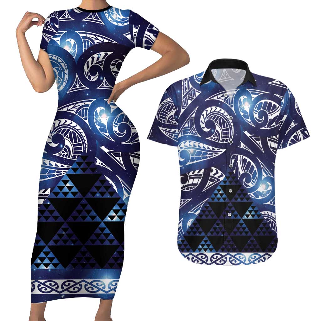 Matariki New Zealand Couples Matching Short Sleeve Bodycon Dress and Hawaiian Shirt NZ Niho Taniwha Maori New Year Blue Galaxy LT14 Blue - Polynesian Pride