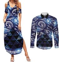 Matariki New Zealand Couples Matching Summer Maxi Dress and Long Sleeve Button Shirt NZ Niho Taniwha Maori New Year Blue Galaxy LT14 Blue - Polynesian Pride