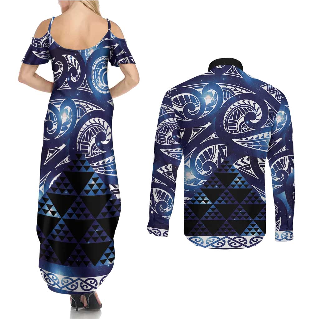 Matariki New Zealand Couples Matching Summer Maxi Dress and Long Sleeve Button Shirt NZ Niho Taniwha Maori New Year Blue Galaxy LT14 - Polynesian Pride