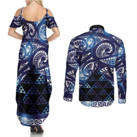 Matariki New Zealand Couples Matching Summer Maxi Dress and Long Sleeve Button Shirt NZ Niho Taniwha Maori New Year Blue Galaxy LT14 - Polynesian Pride