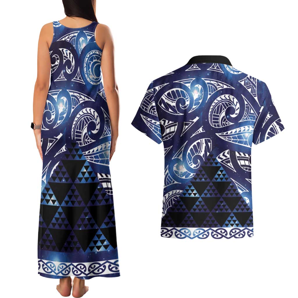 Matariki New Zealand Couples Matching Tank Maxi Dress and Hawaiian Shirt NZ Niho Taniwha Maori New Year Blue Galaxy LT14 - Polynesian Pride