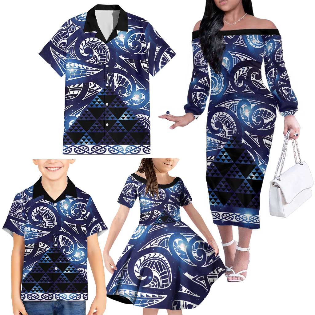 Matariki New Zealand Family Matching Off The Shoulder Long Sleeve Dress and Hawaiian Shirt NZ Niho Taniwha Maori New Year Blue Galaxy LT14 - Polynesian Pride