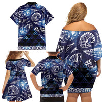 Matariki New Zealand Family Matching Off Shoulder Short Dress and Hawaiian Shirt NZ Niho Taniwha Maori New Year Blue Galaxy LT14 - Polynesian Pride