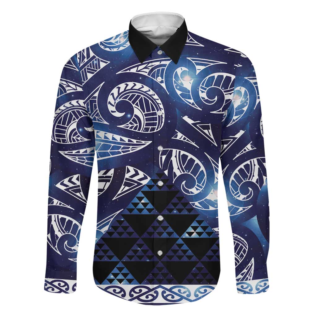 Matariki New Zealand Family Matching Off Shoulder Short Dress and Hawaiian Shirt NZ Niho Taniwha Maori New Year Blue Galaxy LT14 Dad's Shirt - Long Sleeve Blue - Polynesian Pride