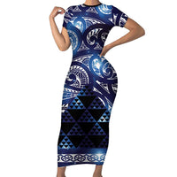 Matariki New Zealand Family Matching Short Sleeve Bodycon Dress and Hawaiian Shirt NZ Niho Taniwha Maori New Year Blue Galaxy LT14 Mom's Dress Blue - Polynesian Pride