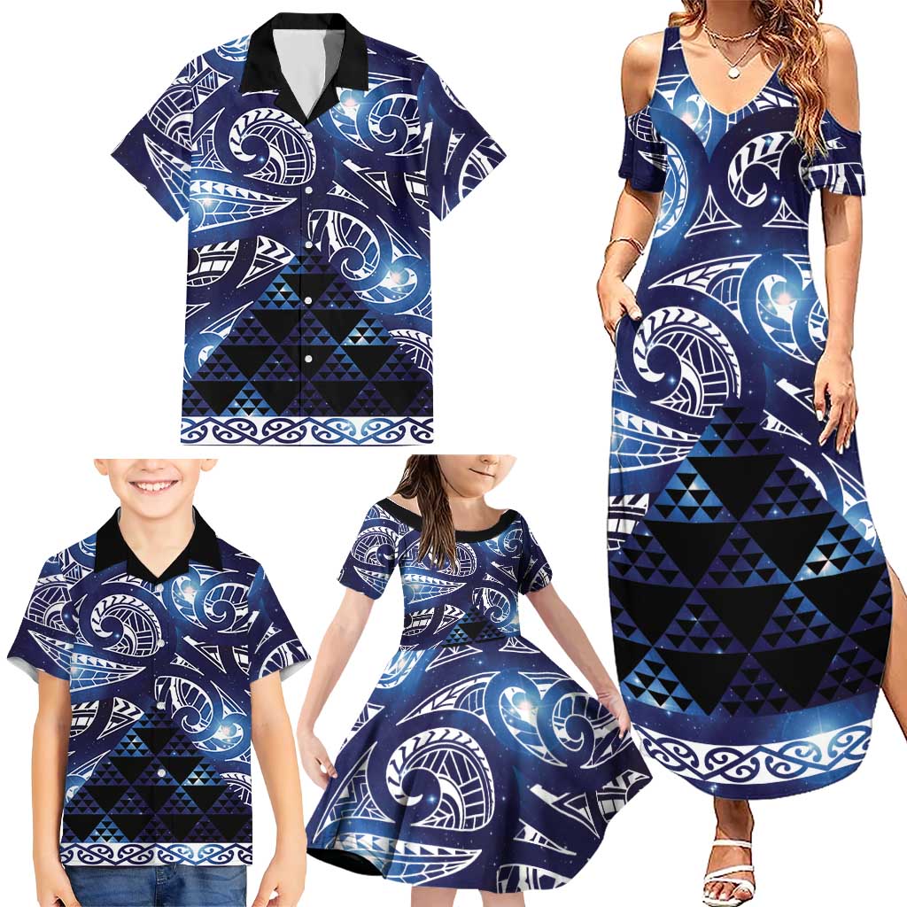Matariki New Zealand Family Matching Summer Maxi Dress and Hawaiian Shirt NZ Niho Taniwha Maori New Year Blue Galaxy LT14 - Polynesian Pride