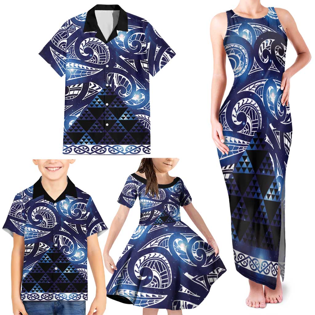 Matariki New Zealand Family Matching Tank Maxi Dress and Hawaiian Shirt NZ Niho Taniwha Maori New Year Blue Galaxy