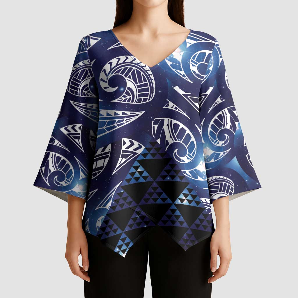Matariki New Zealand Kimono Sleeve Blouse NZ Niho Taniwha Maori New Year Blue Galaxy