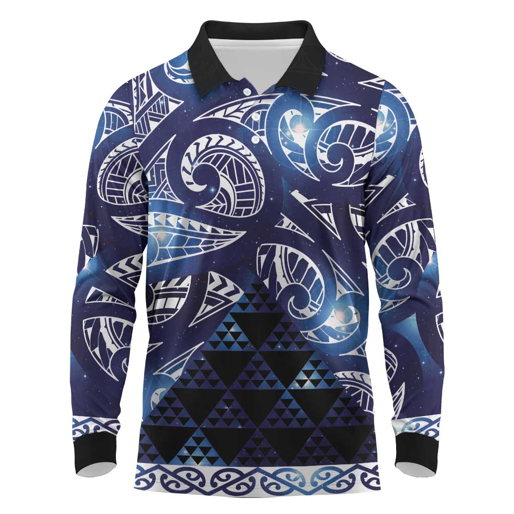 Matariki New Zealand Long Sleeve Polo Shirt NZ Niho Taniwha Maori New Year Blue Galaxy LT14 Blue - Polynesian Pride