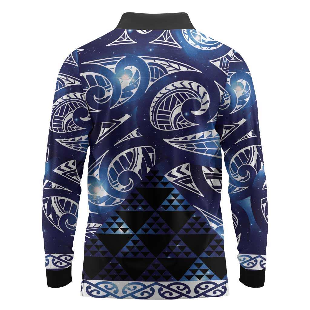 Matariki New Zealand Long Sleeve Polo Shirt NZ Niho Taniwha Maori New Year Blue Galaxy LT14 - Polynesian Pride