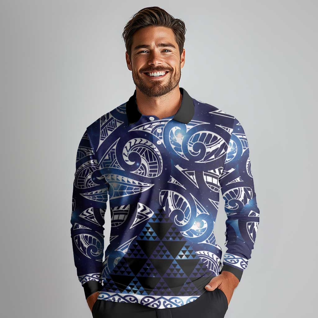 Matariki New Zealand Long Sleeve Polo Shirt NZ Niho Taniwha Maori New Year Blue Galaxy LT14 - Polynesian Pride