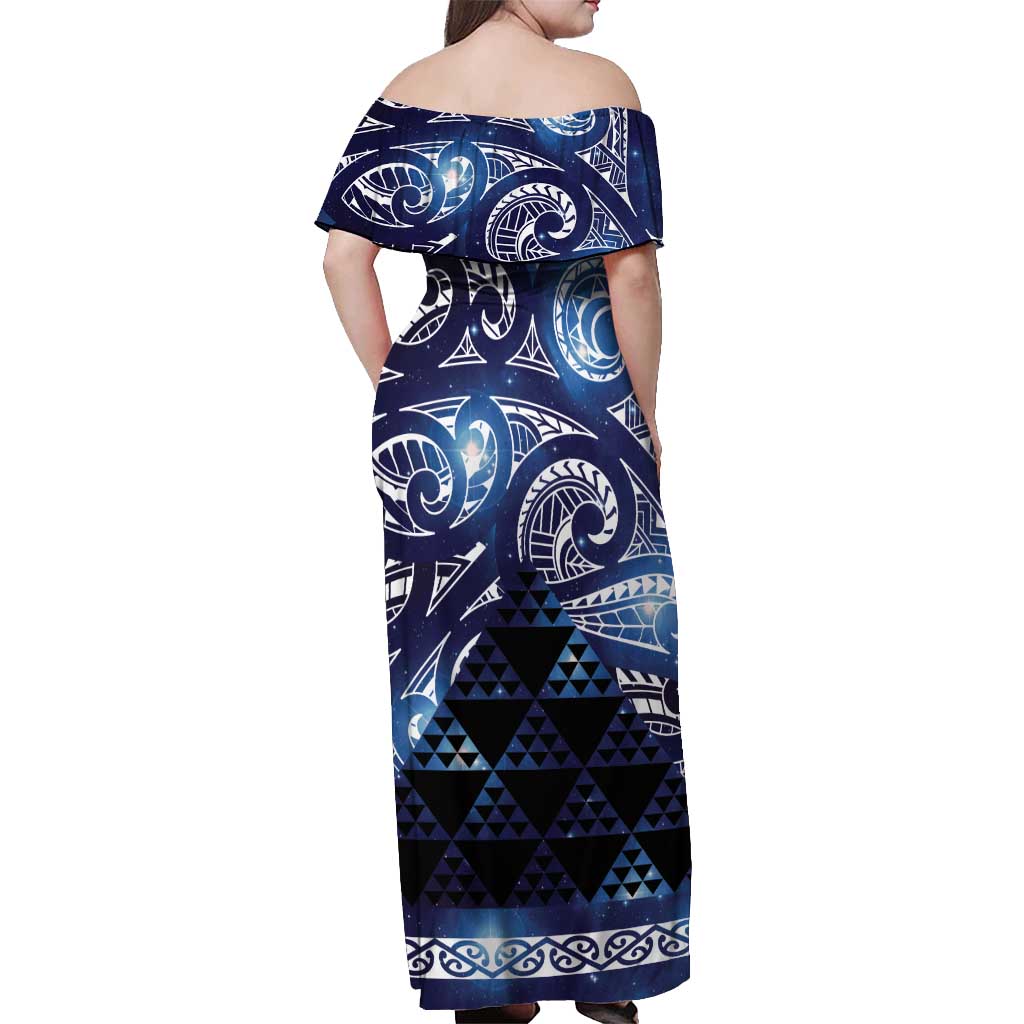 Matariki New Zealand Off Shoulder Maxi Dress NZ Niho Taniwha Maori New Year Blue Galaxy LT14 - Polynesian Pride