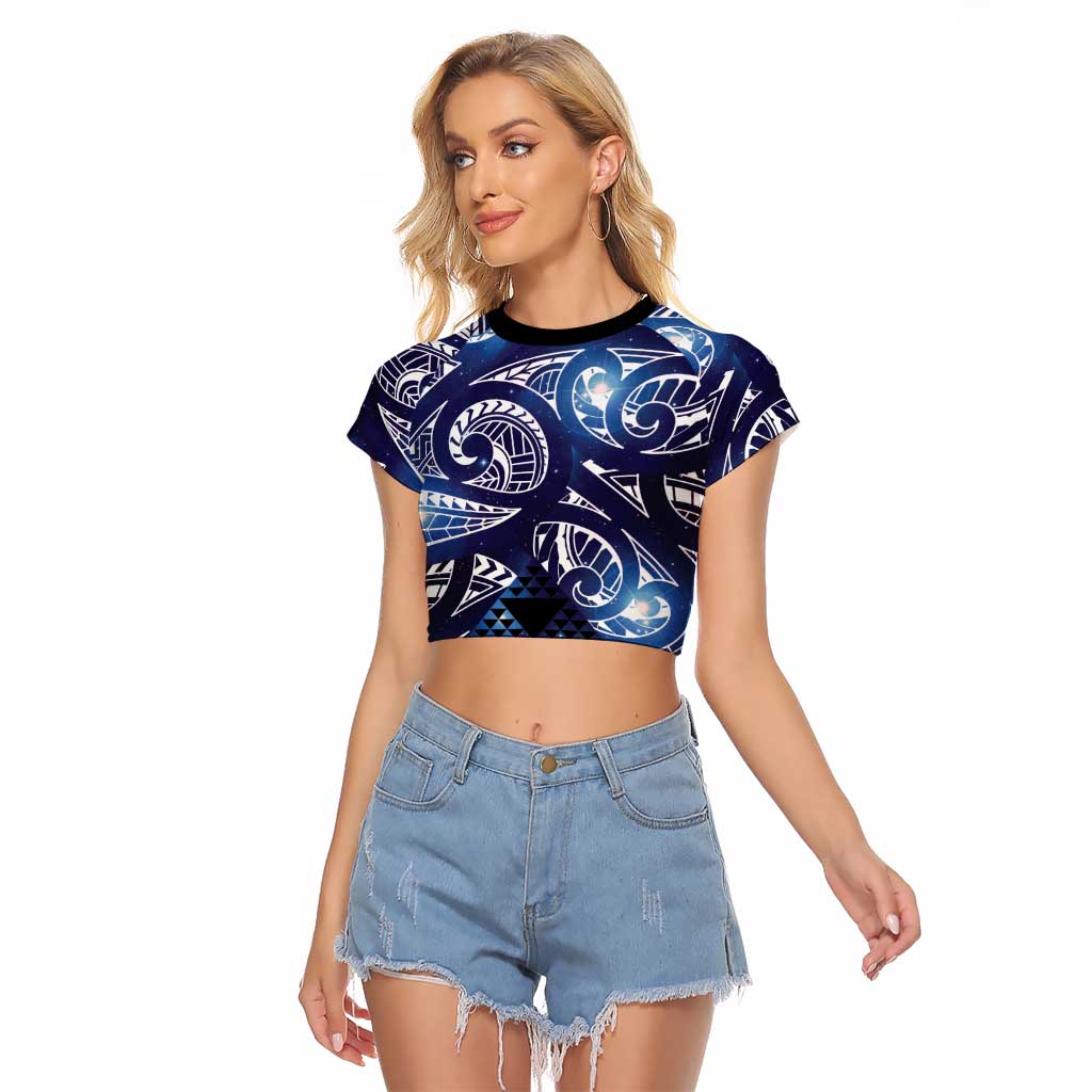 Matariki New Zealand Raglan Cropped T Shirt NZ Niho Taniwha Maori New Year Blue Galaxy LT14 Female Blue - Polynesian Pride
