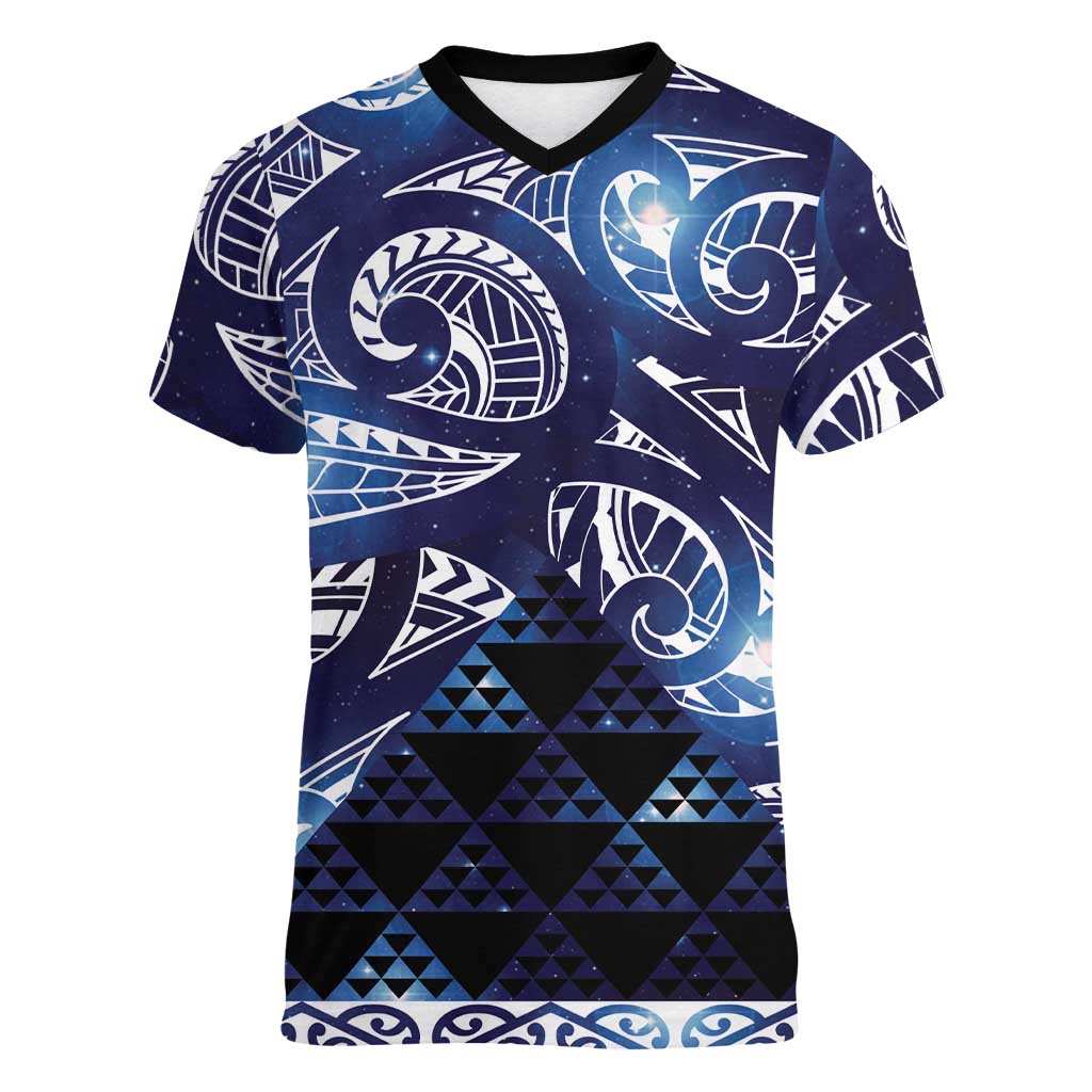 Matariki New Zealand Women V-Neck T-Shirt NZ Niho Taniwha Maori New Year Blue Galaxy LT14 Female Blue - Polynesian Pride