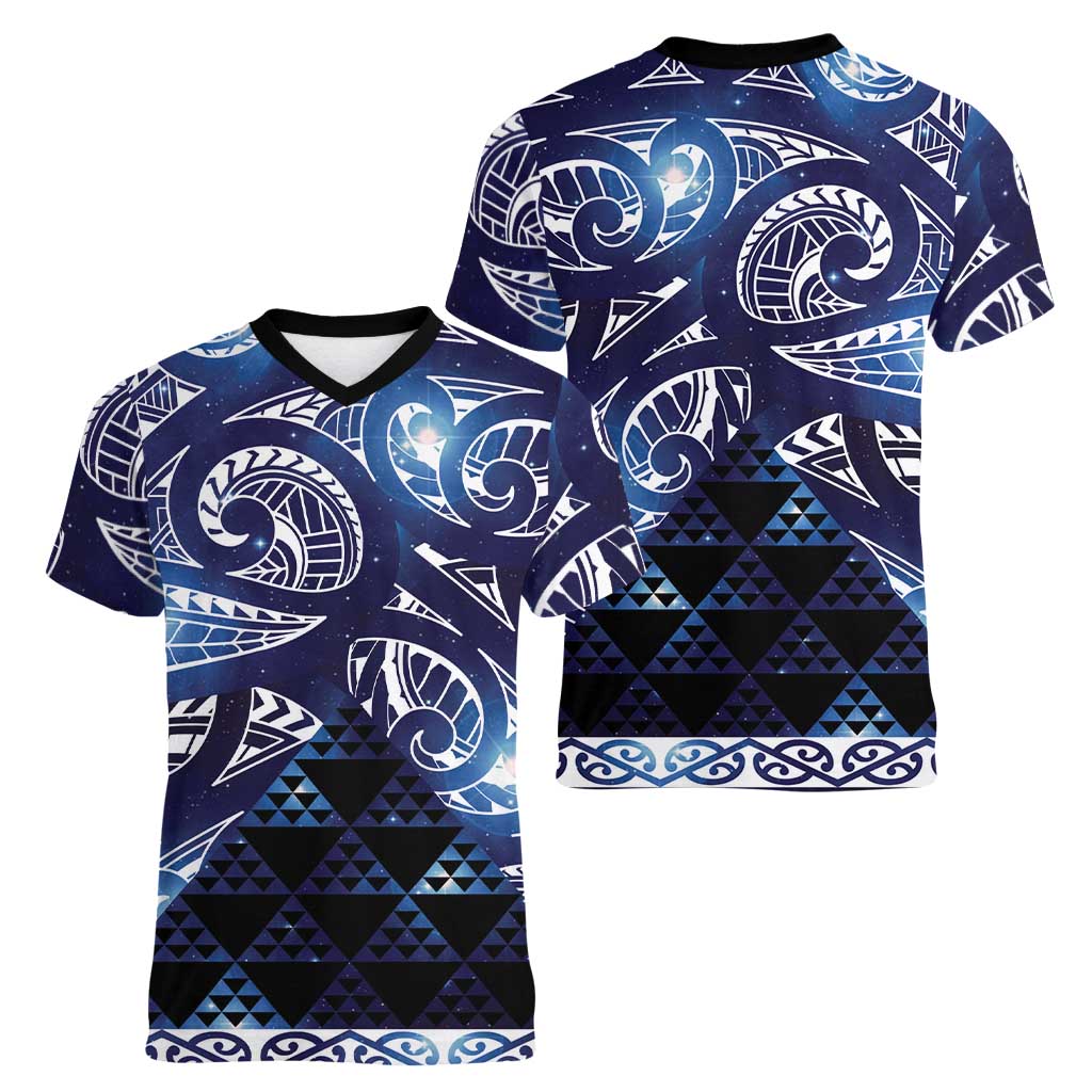 Matariki New Zealand Women V-Neck T-Shirt NZ Niho Taniwha Maori New Year Blue Galaxy LT14 - Polynesian Pride