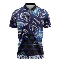 Matariki New Zealand Zipper Polo Shirt NZ Niho Taniwha Maori New Year Blue Galaxy LT14 Blue - Polynesian Pride