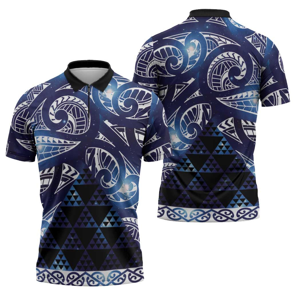 Matariki New Zealand Zipper Polo Shirt NZ Niho Taniwha Maori New Year Blue Galaxy LT14 - Polynesian Pride