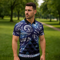 Matariki New Zealand Zipper Polo Shirt NZ Niho Taniwha Maori New Year Blue Galaxy LT14 - Polynesian Pride