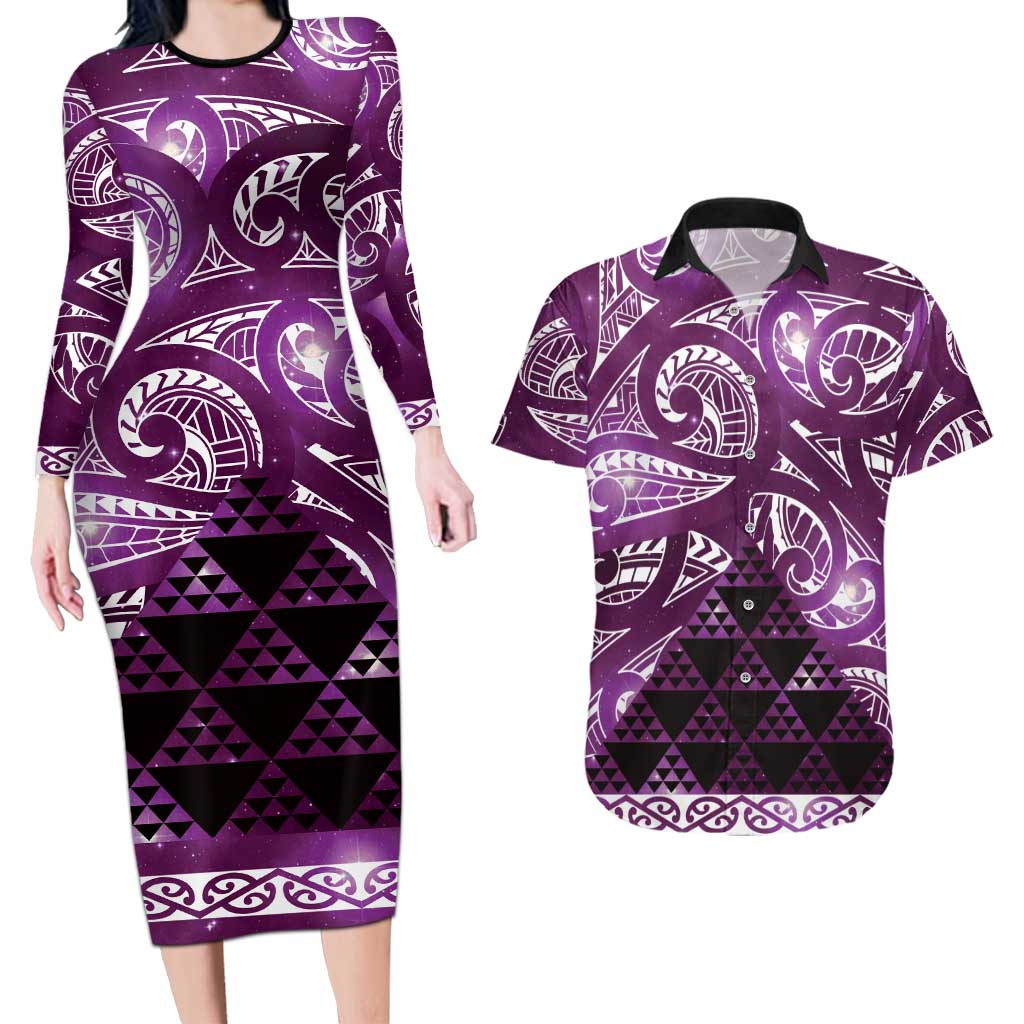 Matariki New Zealand Couples Matching Long Sleeve Bodycon Dress and Hawaiian Shirt NZ Niho Taniwha Maori New Year Purple Galaxy LT14 Purple - Polynesian Pride