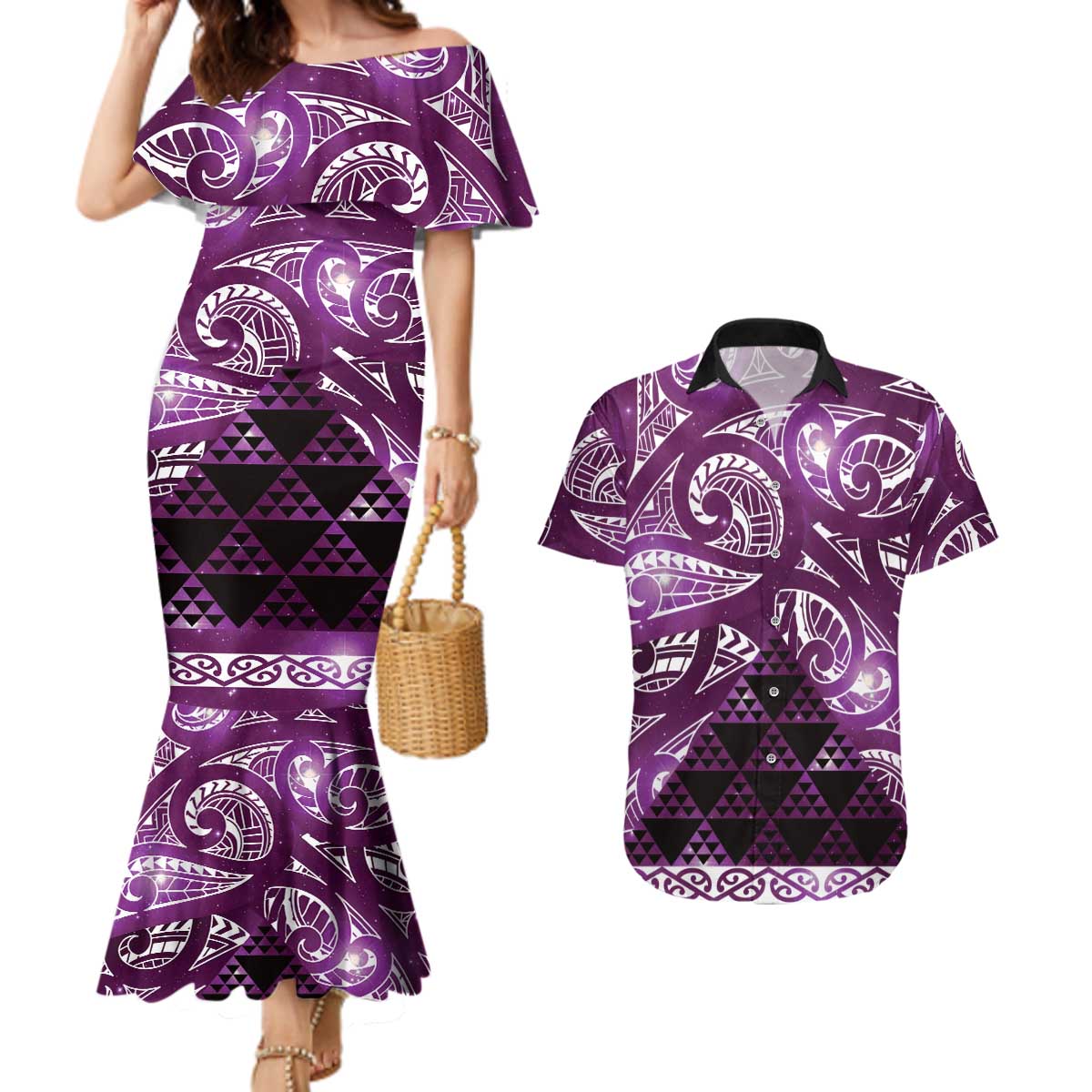 Matariki New Zealand Couples Matching Mermaid Dress and Hawaiian Shirt NZ Niho Taniwha Maori New Year Purple Galaxy LT14 Purple - Polynesian Pride