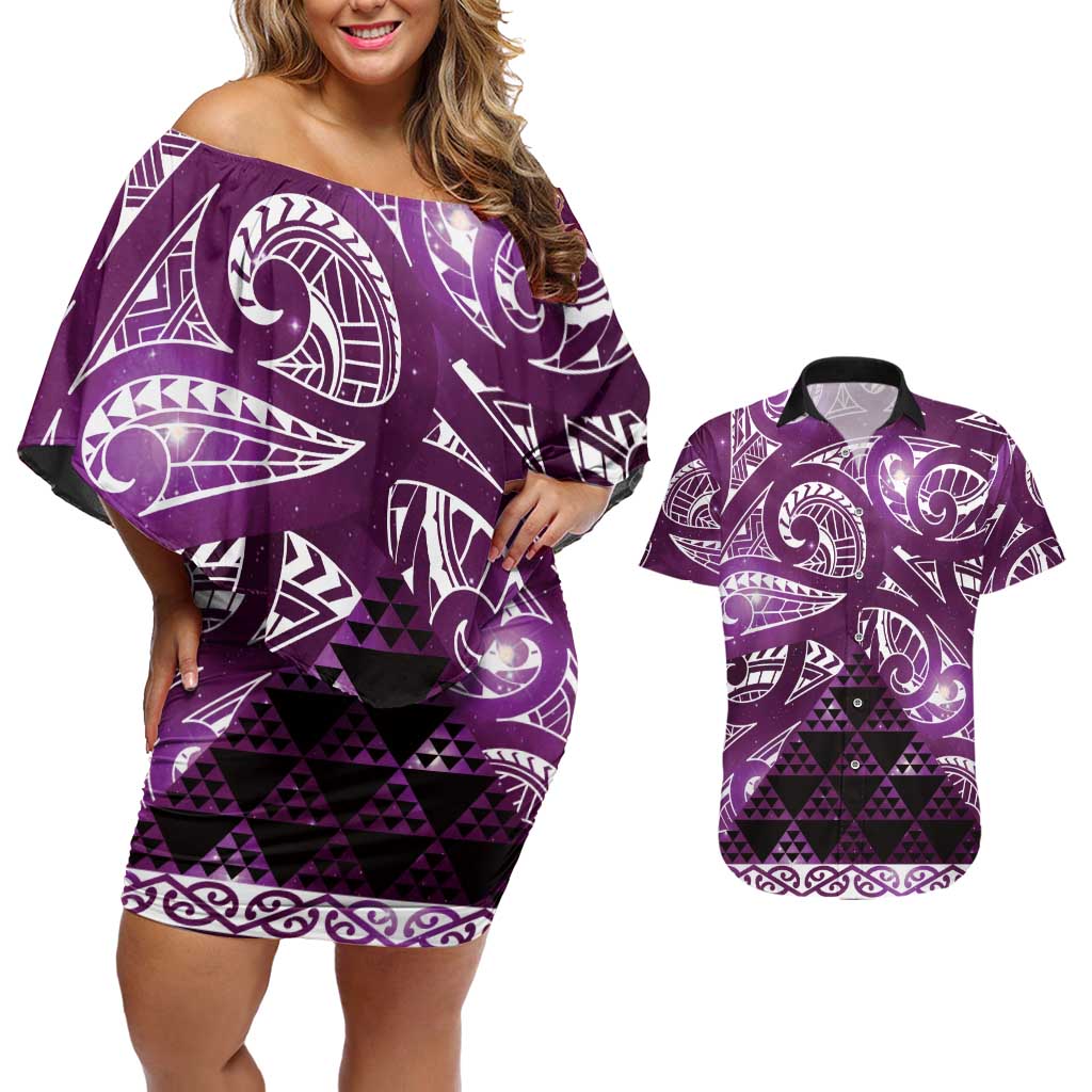 Matariki New Zealand Couples Matching Off Shoulder Short Dress and Hawaiian Shirt NZ Niho Taniwha Maori New Year Purple Galaxy LT14 Purple - Polynesian Pride