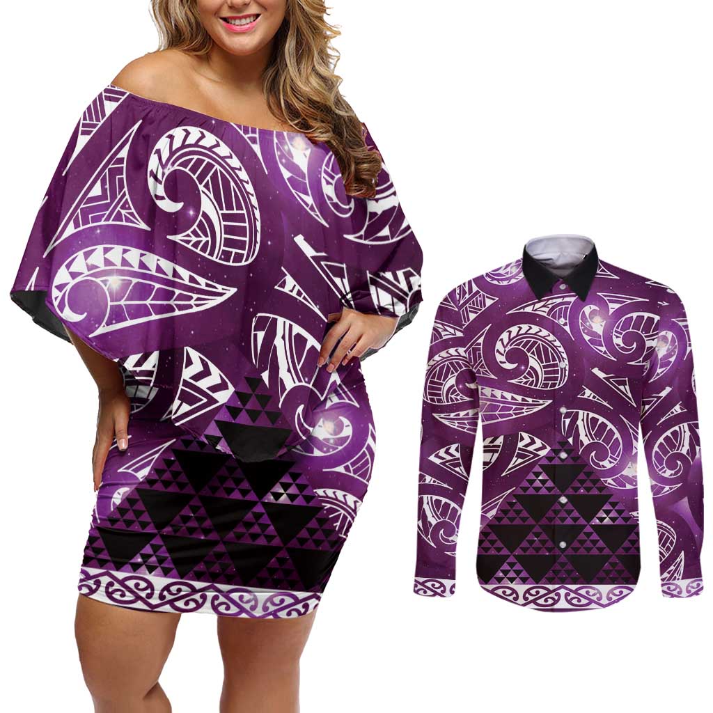 Matariki New Zealand Couples Matching Off Shoulder Short Dress and Long Sleeve Button Shirt NZ Niho Taniwha Maori New Year Purple Galaxy LT14 Purple - Polynesian Pride