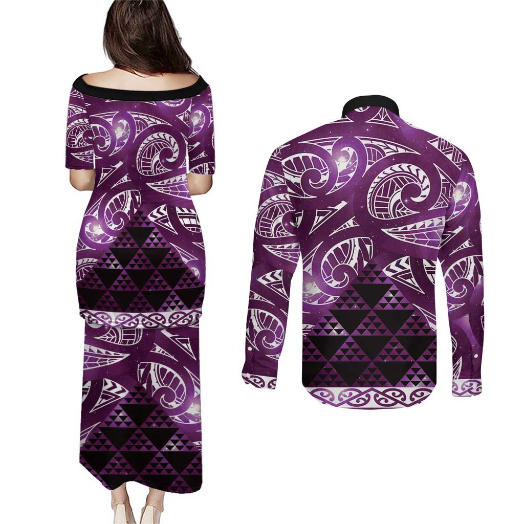 Matariki New Zealand Couples Matching Puletasi and Long Sleeve Button Shirt NZ Niho Taniwha Maori New Year Purple Galaxy LT14 - Polynesian Pride