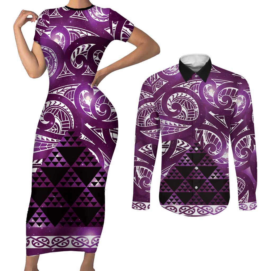 Matariki New Zealand Couples Matching Short Sleeve Bodycon Dress and Long Sleeve Button Shirt NZ Niho Taniwha Maori New Year Purple Galaxy
