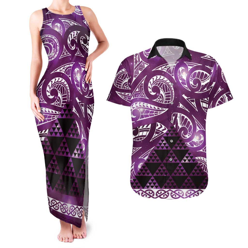 Matariki New Zealand Couples Matching Tank Maxi Dress and Hawaiian Shirt NZ Niho Taniwha Maori New Year Purple Galaxy