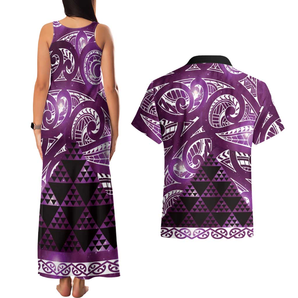 Matariki New Zealand Couples Matching Tank Maxi Dress and Hawaiian Shirt NZ Niho Taniwha Maori New Year Purple Galaxy LT14 - Polynesian Pride