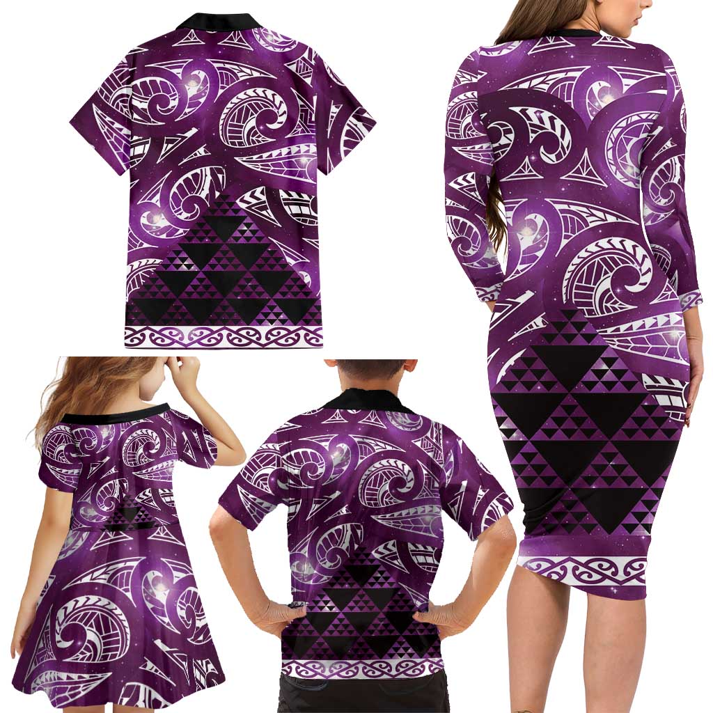 Matariki New Zealand Family Matching Long Sleeve Bodycon Dress and Hawaiian Shirt NZ Niho Taniwha Maori New Year Purple Galaxy LT14 - Polynesian Pride