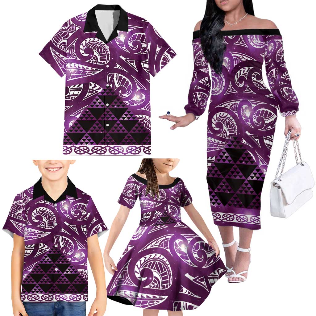 Matariki New Zealand Family Matching Off The Shoulder Long Sleeve Dress and Hawaiian Shirt NZ Niho Taniwha Maori New Year Purple Galaxy LT14 - Polynesian Pride
