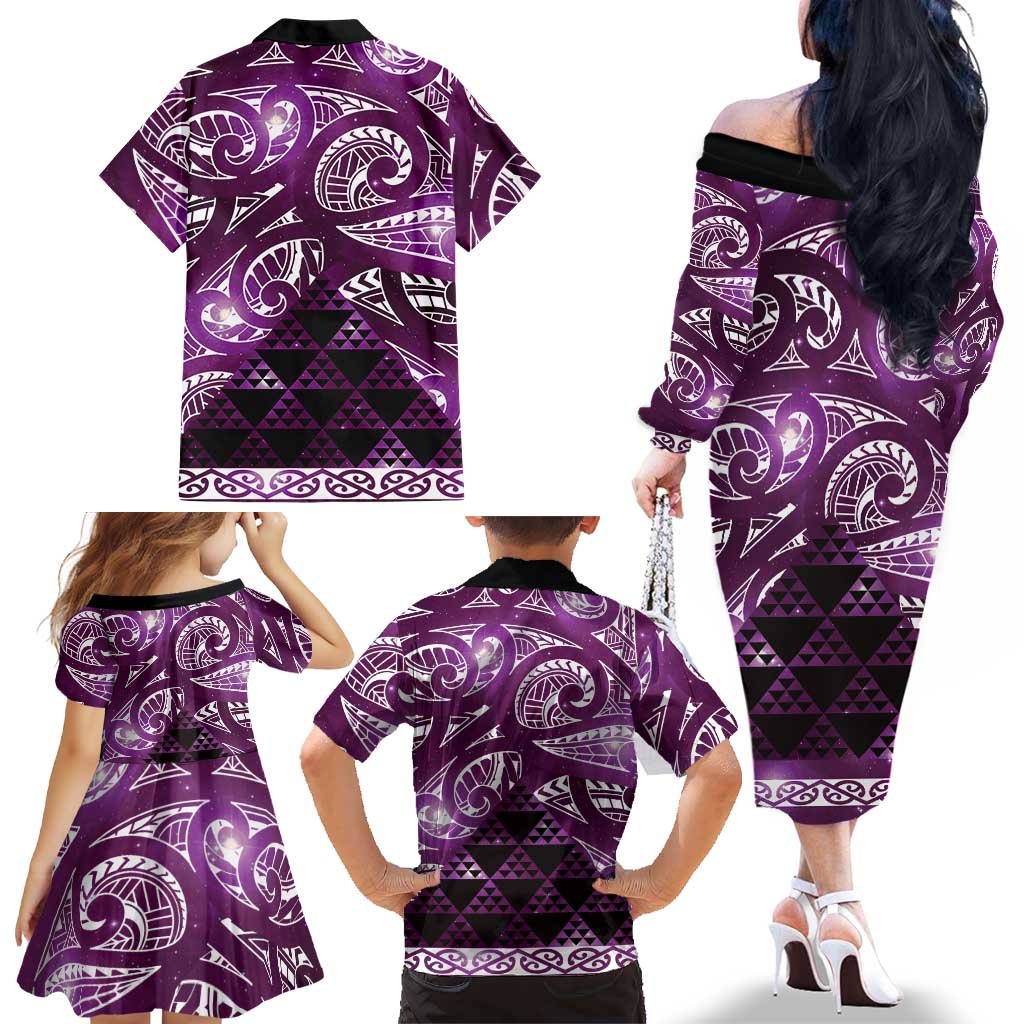 Matariki New Zealand Family Matching Off The Shoulder Long Sleeve Dress and Hawaiian Shirt NZ Niho Taniwha Maori New Year Purple Galaxy LT14 - Polynesian Pride