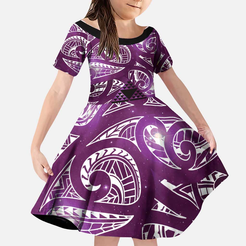 Matariki New Zealand Family Matching Off Shoulder Maxi Dress and Hawaiian Shirt NZ Niho Taniwha Maori New Year Purple Galaxy LT14 Daughter's Dress Purple - Polynesian Pride