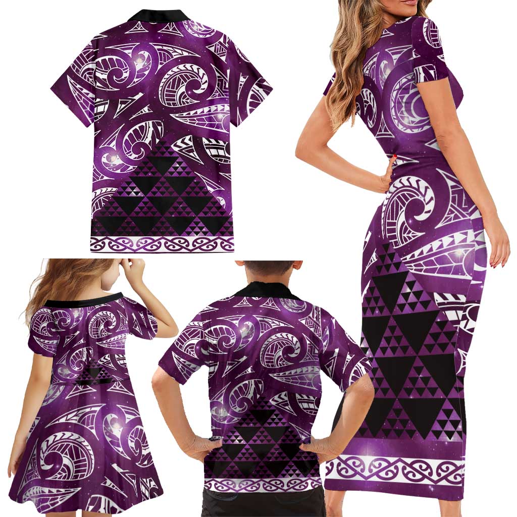 Matariki New Zealand Family Matching Short Sleeve Bodycon Dress and Hawaiian Shirt NZ Niho Taniwha Maori New Year Purple Galaxy LT14 - Polynesian Pride