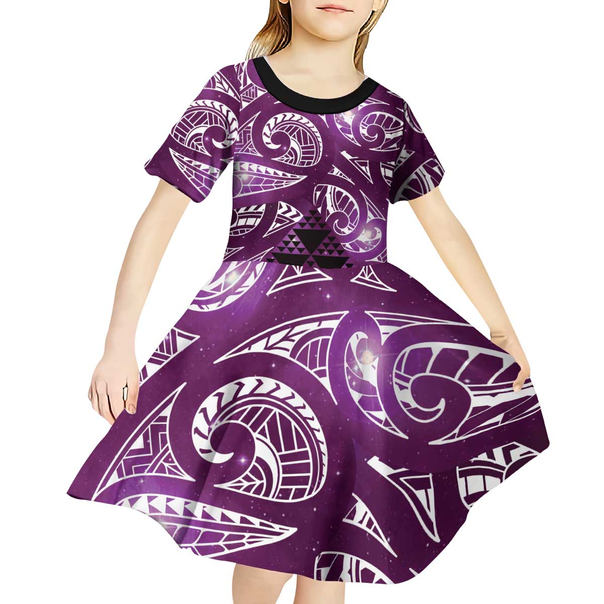 Matariki New Zealand Kid Short Sleeve Dress NZ Niho Taniwha Maori New Year Purple Galaxy LT14 - Polynesian Pride