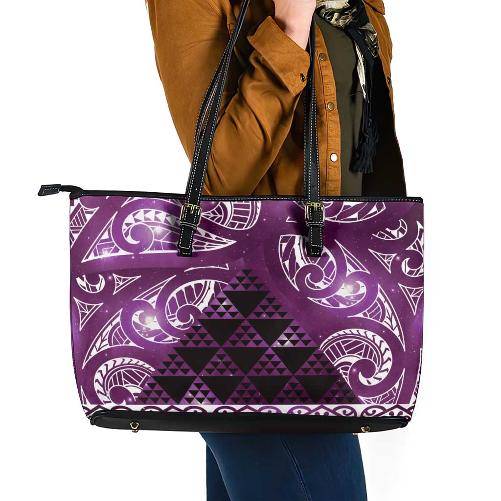 Matariki New Zealand Leather Tote Bag NZ Niho Taniwha Maori New Year Purple Galaxy LT14 - Polynesian Pride