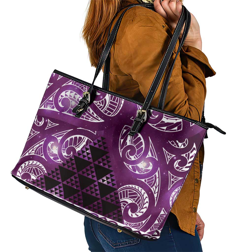 Matariki New Zealand Leather Tote Bag NZ Niho Taniwha Maori New Year Purple Galaxy LT14 - Polynesian Pride