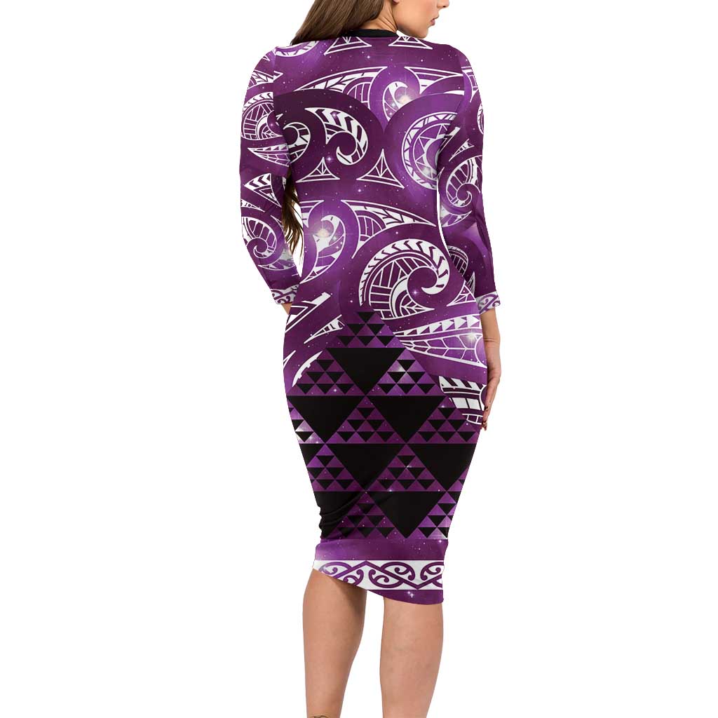 Matariki New Zealand Long Sleeve Bodycon Dress NZ Niho Taniwha Maori New Year Purple Galaxy LT14 - Polynesian Pride