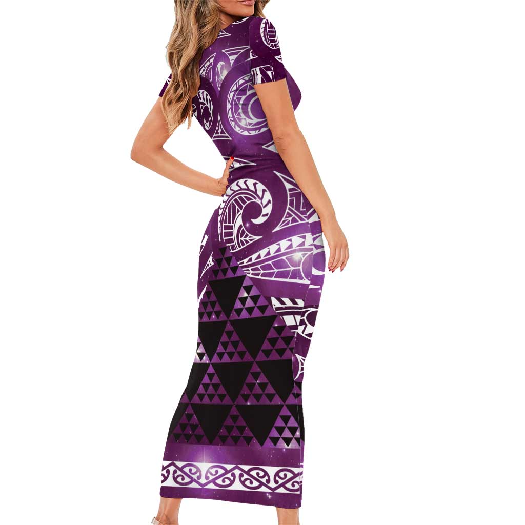Matariki New Zealand Short Sleeve Bodycon Dress NZ Niho Taniwha Maori New Year Purple Galaxy LT14 - Polynesian Pride