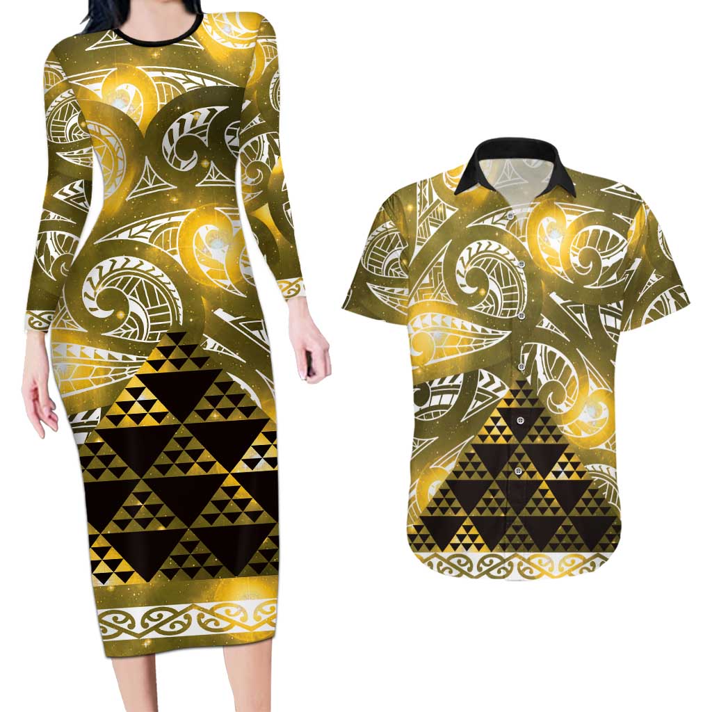Matariki New Zealand Couples Matching Long Sleeve Bodycon Dress and Hawaiian Shirt NZ Niho Taniwha Maori New Year Yellow Galaxy LT14 Yellow - Polynesian Pride