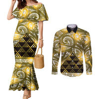 Matariki New Zealand Couples Matching Mermaid Dress and Long Sleeve Button Shirt NZ Niho Taniwha Maori New Year Yellow Galaxy LT14 Yellow - Polynesian Pride