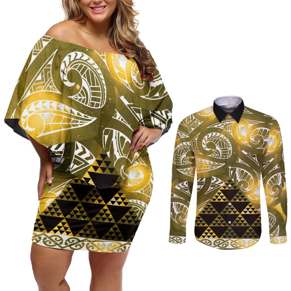 Matariki New Zealand Couples Matching Off Shoulder Short Dress and Long Sleeve Button Shirt NZ Niho Taniwha Maori New Year Yellow Galaxy