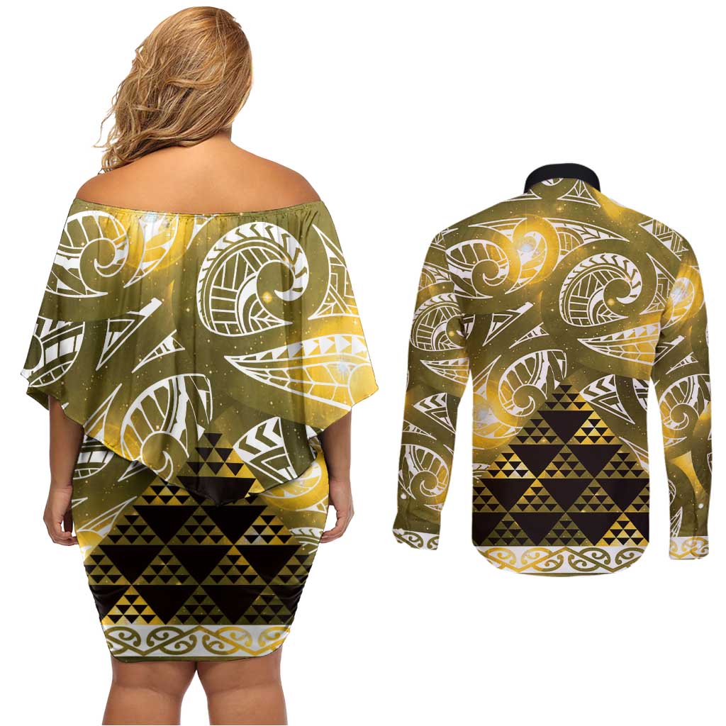 Matariki New Zealand Couples Matching Off Shoulder Short Dress and Long Sleeve Button Shirt NZ Niho Taniwha Maori New Year Yellow Galaxy LT14 - Polynesian Pride