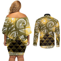 Matariki New Zealand Couples Matching Off Shoulder Short Dress and Long Sleeve Button Shirt NZ Niho Taniwha Maori New Year Yellow Galaxy LT14 - Polynesian Pride