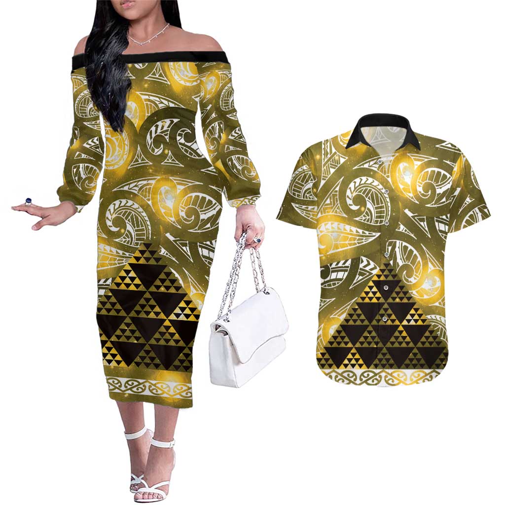 Matariki New Zealand Couples Matching Off The Shoulder Long Sleeve Dress and Hawaiian Shirt NZ Niho Taniwha Maori New Year Yellow Galaxy LT14 Yellow - Polynesian Pride
