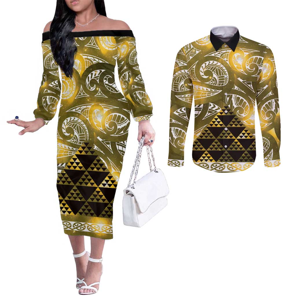 Matariki New Zealand Couples Matching Off The Shoulder Long Sleeve Dress and Long Sleeve Button Shirt NZ Niho Taniwha Maori New Year Yellow Galaxy LT14 Yellow - Polynesian Pride