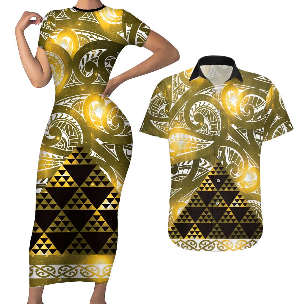 Matariki New Zealand Couples Matching Short Sleeve Bodycon Dress and Hawaiian Shirt NZ Niho Taniwha Maori New Year Yellow Galaxy LT14 Yellow - Polynesian Pride